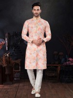 Peach Cotton Digital Print Readymade Kurta Pajama